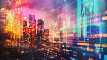 Vibrant double exposure cityscape merging with a dynamic stock market graph business theme