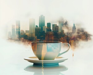 Poetic double exposure of a coffee break with city morning scenes