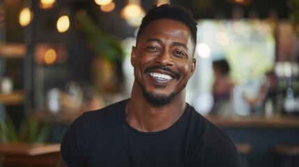 A confident man in a black t-shirt smiles warmly in a cafe, emanating casual professionalism.