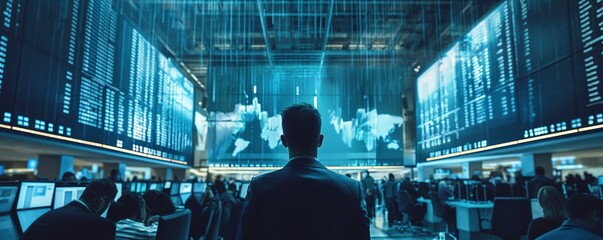 Dramatic blend of a business presentation with a bustling stock exchange