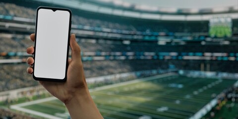 Hand with smartphone at football stadium, perfect for betting, live-stream apps