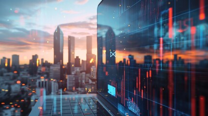 A double exposure of a laptop screen displaying analytics blended into a cityscape
