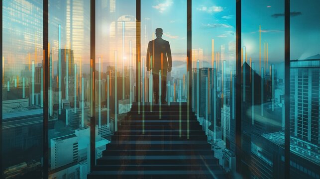 A double exposure showing a businessperson standing before a window overlooking the city merged with ascending bar graphs