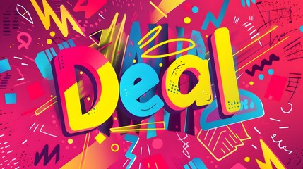 excitement of a flash sale with a vibrant banner featuring the word "Deal" in bold, colorful letters against a backdrop of lightning bolts, signaling fast savings.
