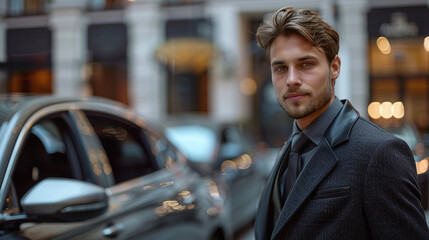 Fototapeta premium portrait of good looking valet parking man wearing formal suit at the entrance of a luxury hotel, 5 star hospitality service