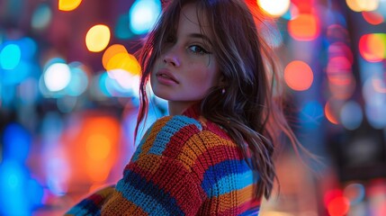 Fashionable young woman in a colorful striped sweater on the background of the night city.