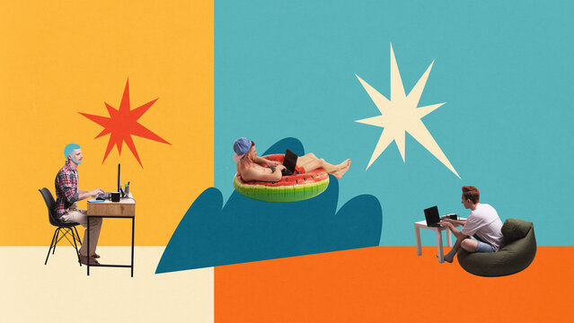 Poster. Contemporary art collage. Three men in varied settings, traditional desk, pool float, and beanbag, embodying modern work flexibility. Concept of creative office, workspace, co-working center.