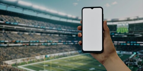 Hand with smartphone at football stadium, perfect for betting, live-stream apps