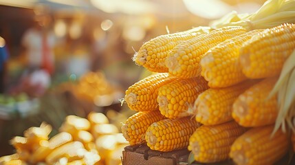 Stack of fresh corn on a cob at local farmers market, natural sunlight, focus on texture and kernels