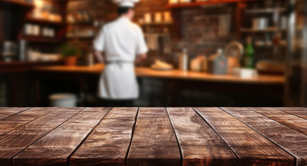 Wood table top on blur kitchen counter