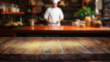 Wood table top on blur kitchen counter