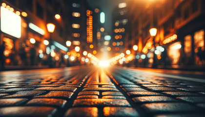 Golden Hour Glow: Captivating Cityscape on a Cobblestone Road at Night