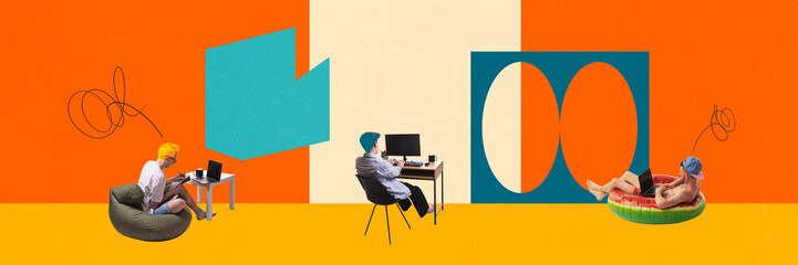 Banner. Contemporary artwork. Community collage. Young people, freelancers, remote workers, students works in modern co-working space. Concept of creative office, workspace, business center. Ad