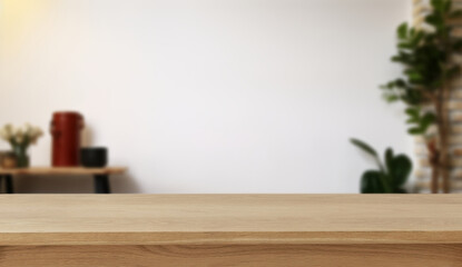 Wooden board empty Table Top And Blur Interior over blur in coffee shop Background, Mock up for display of product.