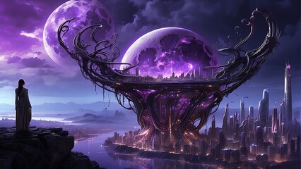 Night sky on futuristic city concept, Violet Earth and Moon