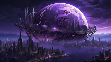 Night sky on futuristic city concept, Violet Earth and Moon