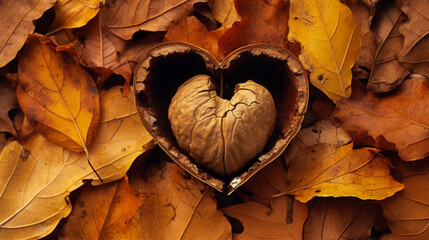 A heart-shaped walnut emerges from its shell, resting amidst the fallen autumn foliage.