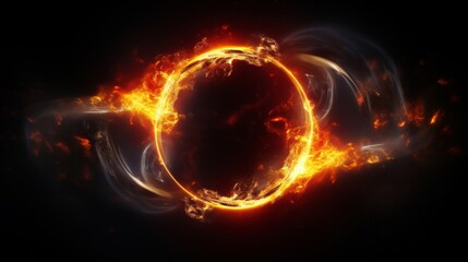 A black hole with yellow and red flames around it in space isolated on black background