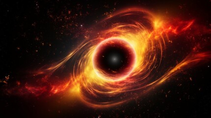 A black hole with yellow and red flames around it in space isolated on black background