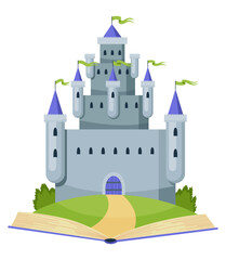 Fairy tale castle. Medieval royal mansion architecture. Beautiful fairy-tale tower for princess, historic fortified building. Knight castle, imagination concept. Isolated cartoon vector illustration