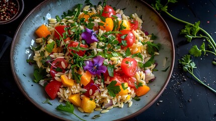 an orzo salad, brightly colored vegetables and herbs 