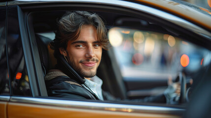close-up of young man working as uber driver