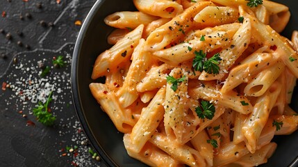  a festive dish of penne alla vodka, centered with the creamy pink sauce and pasta details sharply highlighted.