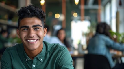 A cheerful young man in a green shirt smiles in a casual office setting. Colleagues work in the background.