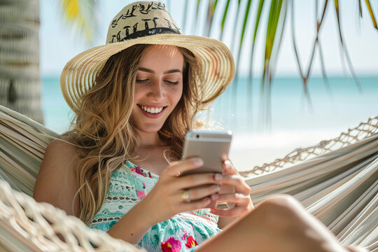Summer beach lifestyle young woman using phone app texting on smartphone relaxing at tropical Caribbean resort on hammock