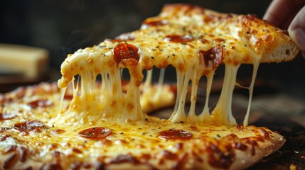 Freshly baked pepperoni pizza slice with gooey cheese, served on a natural wooden backdrop with steam rising