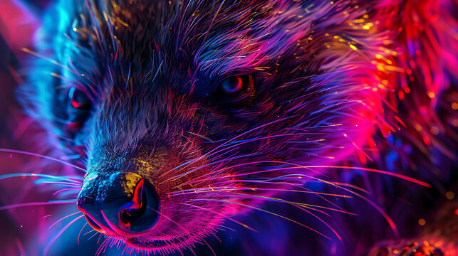 Holographic Enchantment: Transparent honey badger Closeup - Macro Special SFX Photography with Neon Lights, Elegant Colors, and Insane Details in Volumetric Lighting