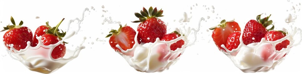 Three Strawberries Splashing into a Glass of Milk with a Pink and White Swirl