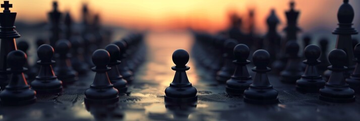 A single pawn stands leading a formation of various chess pieces, representing strategy and leadership against a sunset backdrop