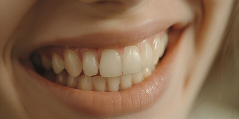Fototapeta premium Detailed focused image of a woman's smile showcasing perfect, straight white teeth and dental health
