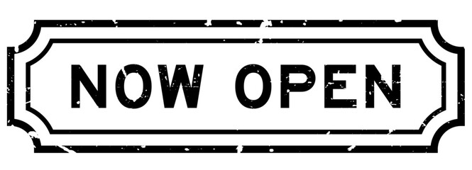 Grunge black now open word rubber seal stamp on white background