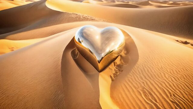 Golden big metal heart on the sand in the desert. The concept of love for travel and warm countries. Valentine's Day