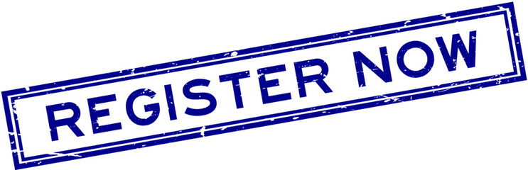 Grunge blue register now word square rubber seal stamp on white background