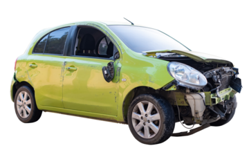 Car crash, Front view of modern green eco car get damaged by accident on the road. damaged cars after collision. isolated on transparent background, PNG File