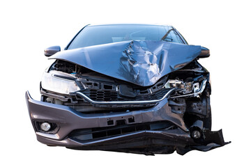 Car crash, Front view of new bronze car get damaged by accident on the road. damaged cars after...
