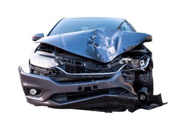 Car crash, Front view of new bronze car get damaged by accident on the road. damaged cars after collision. isolated on transparent background, car crash bumper graphic design element, PNG File