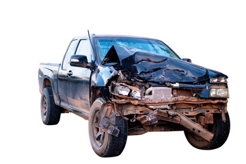 Front and side view of black pickup truck car get damaged by accident on the road. damaged cars...