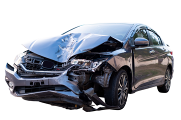 Car crash, Front and side of modern black car get damaged by accident on the road. damaged cars after collision. isolated on transparent background, PNG File