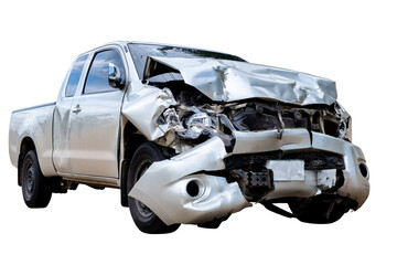 Front of gray or bronze pikup car get damaged by accident on the road. damaged cars after...