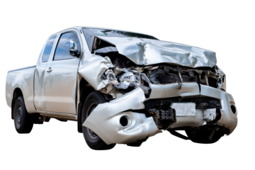 Front of gray or bronze pikup car get damaged by accident on the road. damaged cars after collision. isolated on transparent background, PNG File