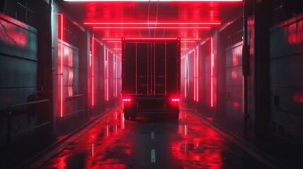 Futuristic corridor illuminated with intense red neon lights and a black truck centered, creating a cinematic, high-tech scene.