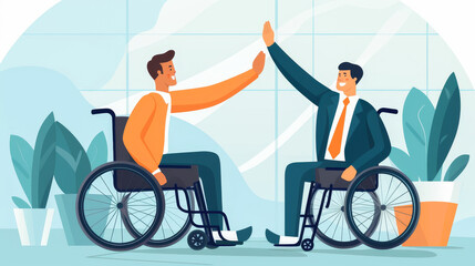 Flat design of an employee in a wheelchair being high-fived by a colleague.