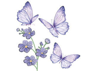 purple design cherry blossom  with watercolor butterflies set