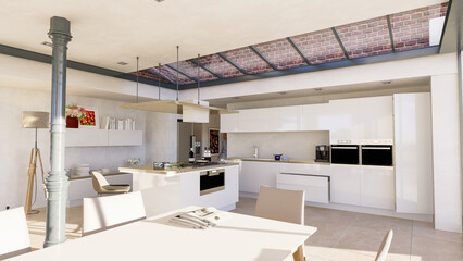 Beautiful industrial style kitchen with skylight