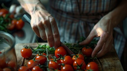 Unknown woman holding a knife in her hands and cutting tomatoes while cooking vegetable salad near kitchen table ,close up