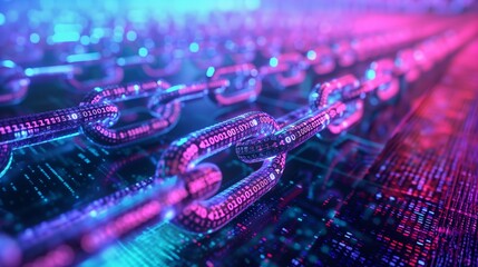 Digital illustration of glowing blockchain links with binary code, highlighting advanced technology concepts.